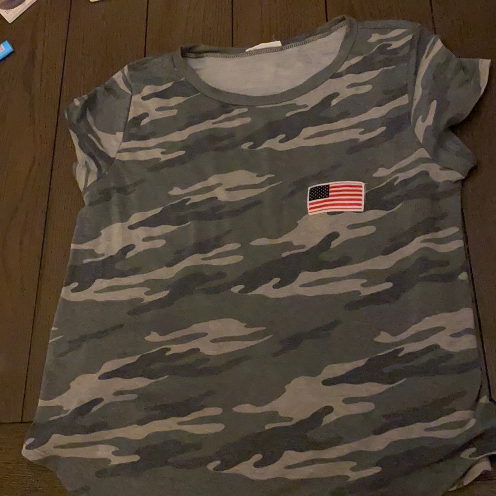 Camo shirt sleeve shirt with American flag logo